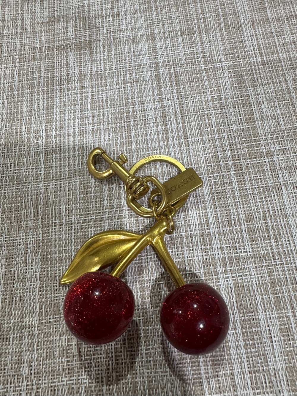 Gold-Tone Keychain with Red Glitter Cherry Charm